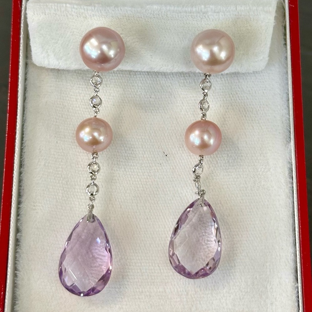 Vintage 18k Pink Pearl and Purple Teardrop Drop Earrings